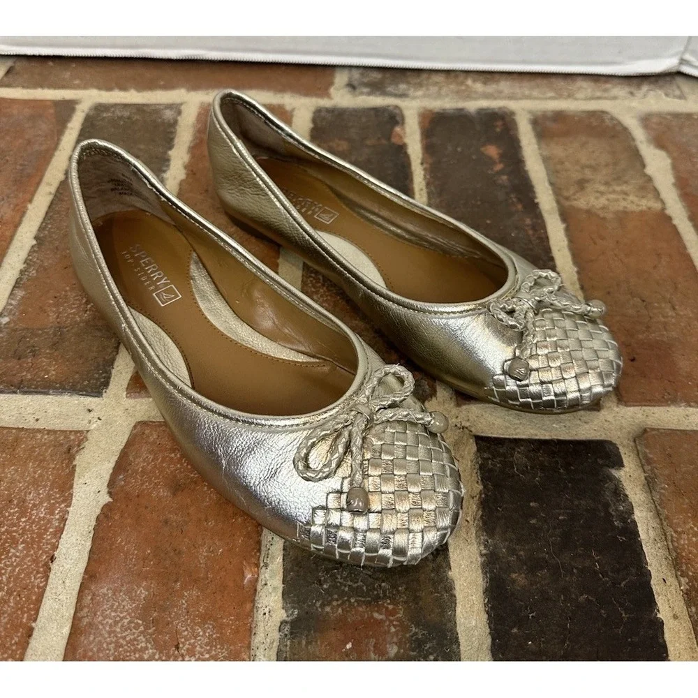 Sperry Maya Gold Metallic Leather‎ Weave Cushioned Ballet Flats Bow Women's 6.5